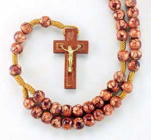 8mm Round Light Brown Marbleized Rosary with Wood Crucifix. - Unique Catholic Gifts