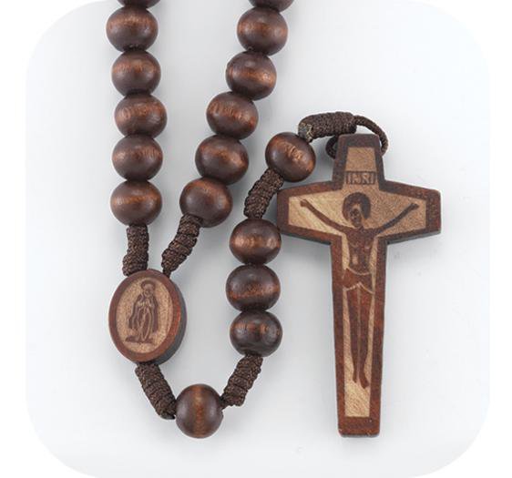 8mm Round Dark Brown Marbleized Rosary with Wood Crucifix. - Unique Catholic Gifts