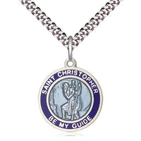St. Christopher Round Blue Border Medal (3/4") with 24" chain - Unique Catholic Gifts