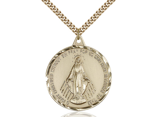 14kt Gold Filled Miraculous Pendant on a 24 inch Gold Plate Heavy Curb Chain - Unique Catholic Gifts