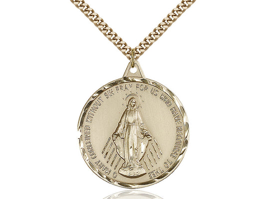 14kt Gold Filled Miraculous Pendant on a 24 inch Gold Plate Heavy Curb Chain - Unique Catholic Gifts