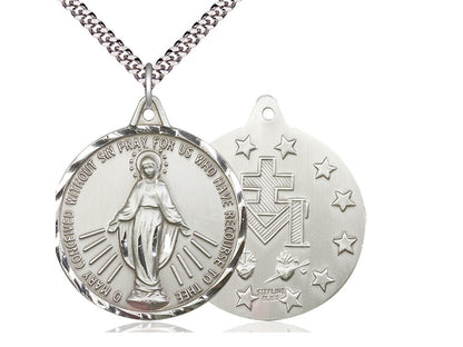Sterling Silver Miraculous Pendant on a 24 inch Light Rhodium Heavy Curb Chain - Unique Catholic Gifts