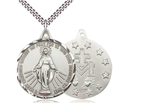 Sterling Silver Miraculous Pendant on a 24 inch Light Rhodium Heavy Curb Chain - Unique Catholic Gifts