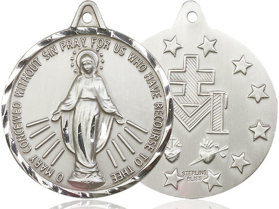 Sterling Silver Miraculous Pendant on a 24 inch Light Rhodium Heavy Curb Chain - Unique Catholic Gifts