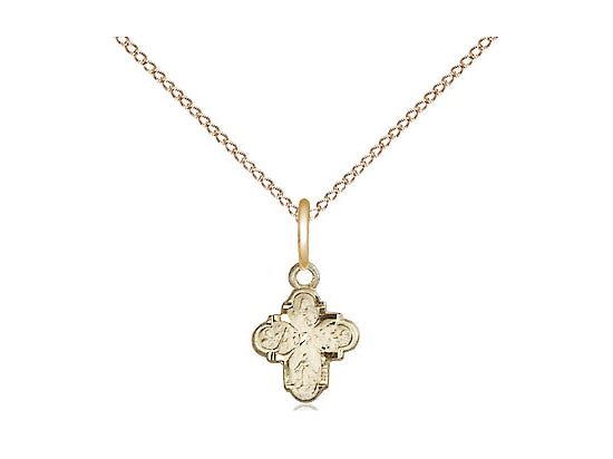 14kt Gold Filled 4-Way Pendant on a 18 inch Gold Filled Light Curb Chain - Unique Catholic Gifts