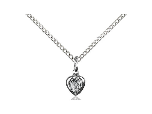 Sterling Silver Miraculous Heart Pendant on a 18 inch Sterling Silver Light Curb Chain - Unique Catholic Gifts