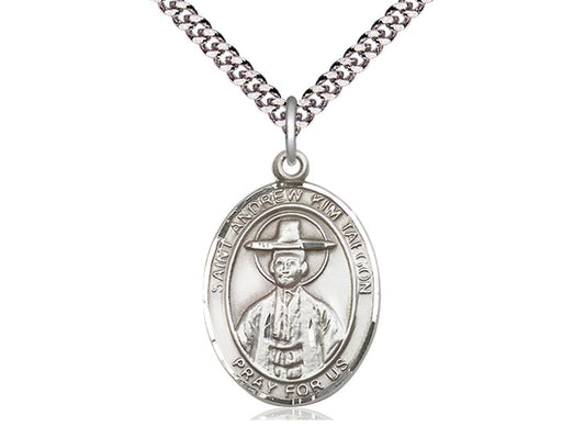 Sterling Silver St Andrew Kim Taegon Pendant on a 24 inch Light Rhodium Heavy Curb Chain. - Unique Catholic Gifts