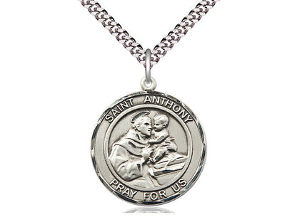 Sterling Silver St Anthony Pendant on a 24 inch Light Rhodium Heavy Curb Chain. - Unique Catholic Gifts