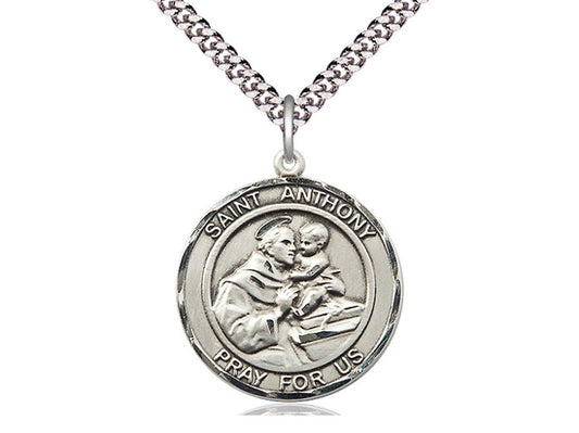 Sterling Silver St Anthony Pendant on a 24 inch Light Rhodium Heavy Curb Chain. - Unique Catholic Gifts