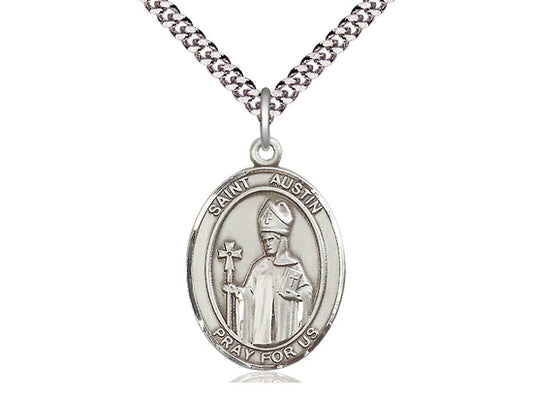 Sterling Silver St Austin Pendant on a 24 inch Light Rhodium Heavy Curb Chain. - Unique Catholic Gifts