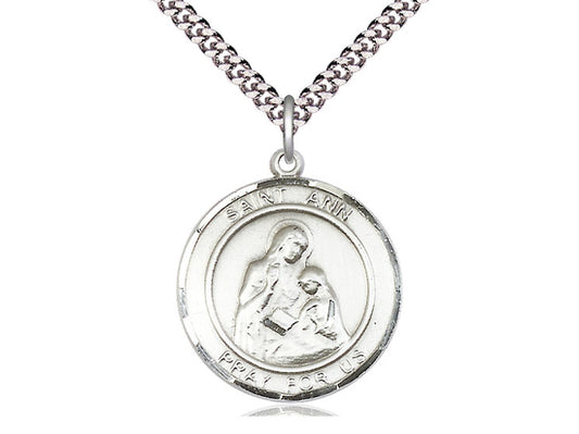 Sterling Silver St Ann Pendant on a 24 inch Light Rhodium Heavy Curb Chain. - Unique Catholic Gifts