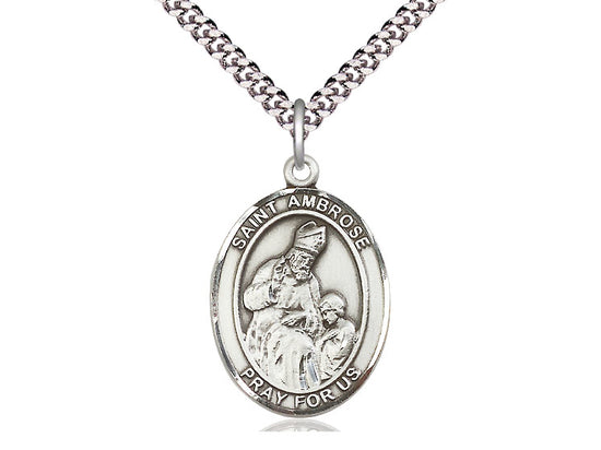 Sterling Silver St Ambrose Pendant on a 24 inch Light Rhodium Heavy Curb Chain. - Unique Catholic Gifts