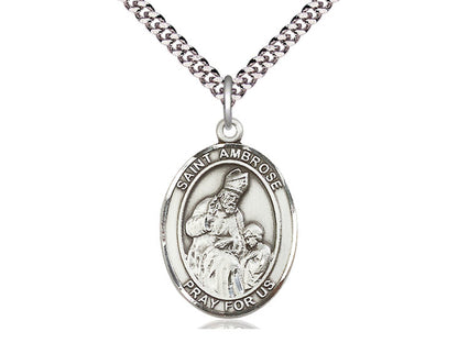 Sterling Silver St Ambrose Pendant on a 24 inch Light Rhodium Heavy Curb Chain. - Unique Catholic Gifts