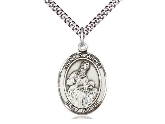 Sterling Silver St Ambrose Pendant on a 24 inch Light Rhodium Heavy Curb Chain. - Unique Catholic Gifts