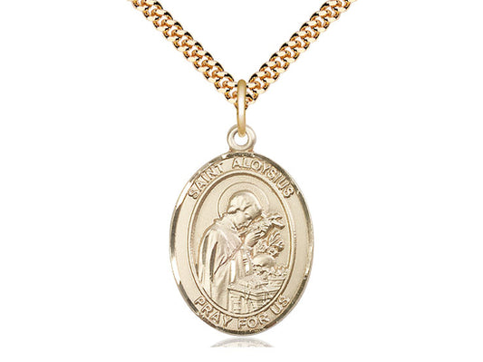 14kt Gold Filled St Aloysius Gonzaga Pendant on a 24 inch Gold Plate Heavy Curb Chain. - Unique Catholic Gifts