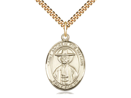 14kt Gold Filled St Andrew Kim Taegon Pendant on a 24 inch Gold Plate Heavy Curb Chain. - Unique Catholic Gifts