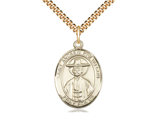 14kt Gold Filled St Andrew Kim Taegon Pendant on a 24 inch Gold Plate Heavy Curb Chain. - Unique Catholic Gifts