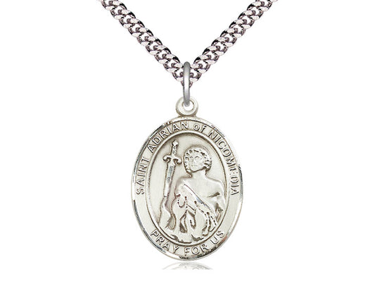 Sterling Silver St Adrian of Nicomedia Pendant on a 24 inch Light Rhodium Heavy Curb Chain. - Unique Catholic Gifts