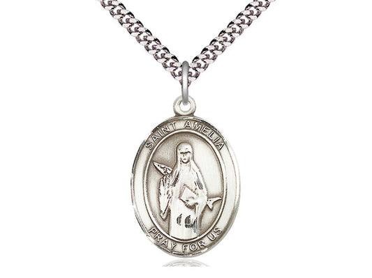 Sterling Silver St Amelia Pendant on a 24 inch Light Rhodium Heavy Curb Chain. - Unique Catholic Gifts