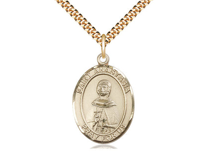 14kt Gold Filled St Anastasia Pendant on a 24 inch Gold Plate Heavy Curb Chain.  Medal Size - Unique Catholic Gifts