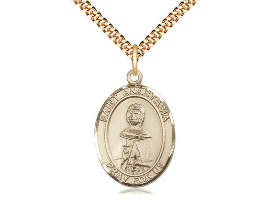14kt Gold Filled St Anastasia Pendant on a 24 inch Gold Plate Heavy Curb Chain.  Medal Size - Unique Catholic Gifts