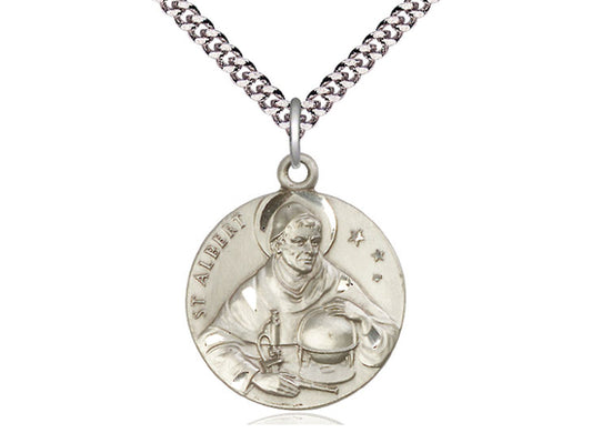 Sterling Silver St Albert the Great Pendant on a 24 inch Light Rhodium Heavy Curb Chain. - Unique Catholic Gifts