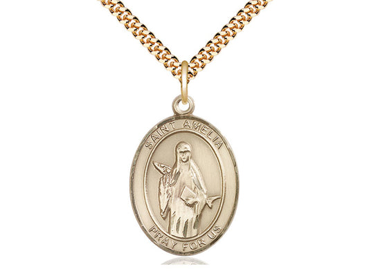14kt Gold Filled St Amelia Pendant on a 24 inch Gold Plate Heavy Curb Chain. - Unique Catholic Gifts