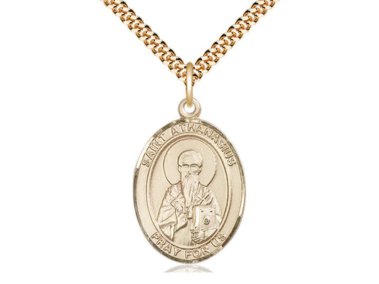 14kt Gold Filled St Athanasius Pendant on a 24 inch Gold Plate Heavy Curb Chain. - Unique Catholic Gifts