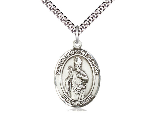 Sterling Silver St Augustine of Hippo Pendant on a 24 inch Light Rhodium Heavy Curb Chain. - Unique Catholic Gifts