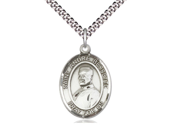 Sterling Silver St Andre Bessette Pendant on a 24 inch Light Rhodium Heavy Curb Chain. - Unique Catholic Gifts