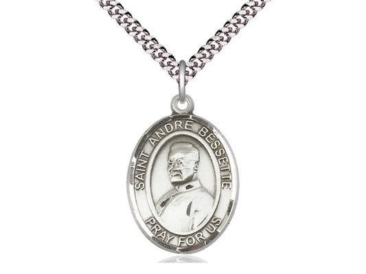 Sterling Silver St Andre Bessette Pendant on a 24 inch Light Rhodium Heavy Curb Chain. - Unique Catholic Gifts