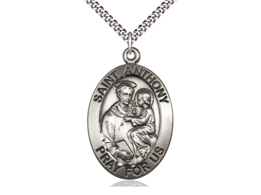 Sterling Silver St Anthony Pendant on a 24 inch Light Rhodium Heavy Curb Chain. - Unique Catholic Gifts