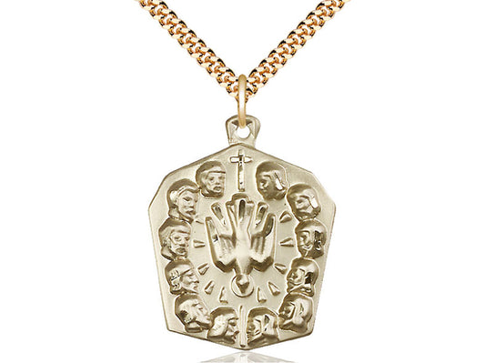 14kt Gold Filled Apostles Pendant on a 24 inch Gold Plate Heavy Curb Chain. - Unique Catholic Gifts