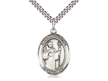 Sterling Silver St Augustine Pendant on a 24 inch Light Rhodium Heavy Curb Chain. - Unique Catholic Gifts