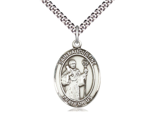 Sterling Silver St Augustine Pendant on a 24 inch Light Rhodium Heavy Curb Chain. - Unique Catholic Gifts