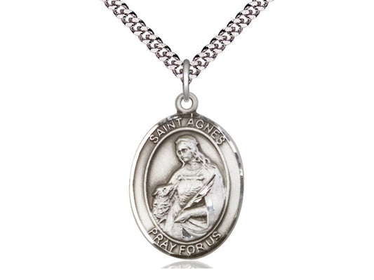 Sterling Silver St Agnes of Rome Pendant on a 24 inch Light Rhodium Heavy Curb Chain. - Unique Catholic Gifts