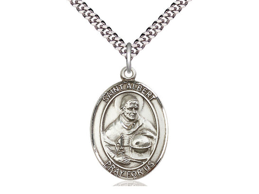Sterling Silver St Albert the Great Pendant on a 24 inch Light Rhodium Heavy Curb Chain. - Unique Catholic Gifts