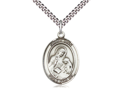 Sterling Silver St Ann Pendant on a 24 inch Light Rhodium Heavy Curb Chain. - Unique Catholic Gifts