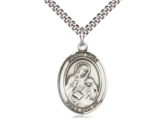 Sterling Silver St Ann Pendant on a 24 inch Light Rhodium Heavy Curb Chain. - Unique Catholic Gifts