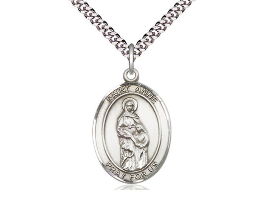 Sterling Silver St Anne Pendant on a 24 inch Light Rhodium Heavy Curb Chain. - Unique Catholic Gifts