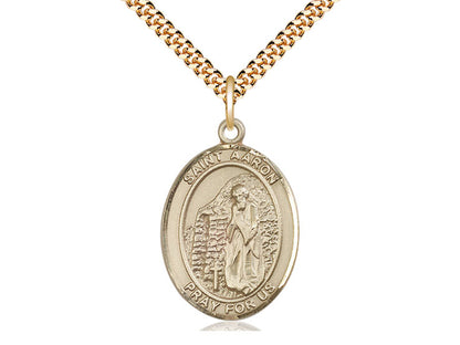 14kt Gold Filled St Aaron Pendant on a 24 inch Gold Plate Heavy Curb Chain. - Unique Catholic Gifts