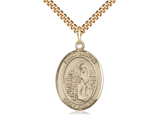14kt Gold Filled St Aaron Pendant on a 24 inch Gold Plate Heavy Curb Chain. - Unique Catholic Gifts