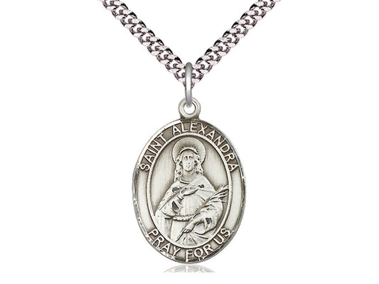 Sterling Silver St Alexandra Pendant on a 24 inch Light Rhodium Heavy Curb Chain. - Unique Catholic Gifts