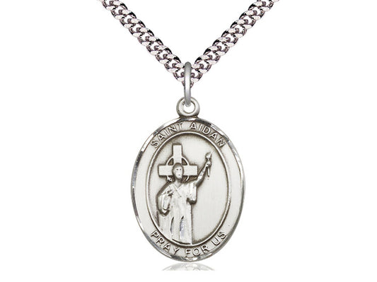 Sterling Silver St Aidan of Lindesfarne Pendant on a 24 inch Light Rhodium Heavy Curb Chain. - Unique Catholic Gifts