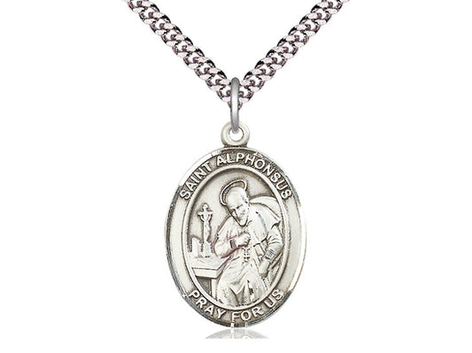 Sterling Silver St Alphonsus Pendant on a 24 inch Light Rhodium Heavy Curb Chain. - Unique Catholic Gifts