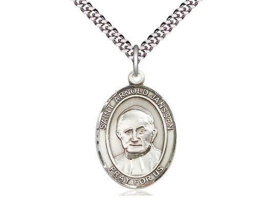 Sterling Silver St Arnold Janssen Pendant on a 24 inch Light Rhodium Heavy Curb Chain. - Unique Catholic Gifts
