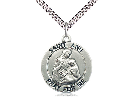 Sterling Silver St Ann Pendant on a 24 inch Light Rhodium Heavy Curb Chain. - Unique Catholic Gifts