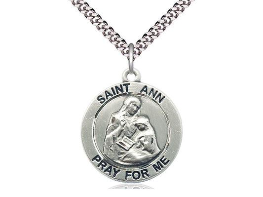 Sterling Silver St Ann Pendant on a 24 inch Light Rhodium Heavy Curb Chain. - Unique Catholic Gifts