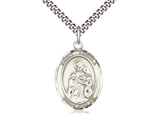 Sterling Silver St Angela Merici Pendant on a 24 inch Light Rhodium Heavy Curb Chain. - Unique Catholic Gifts