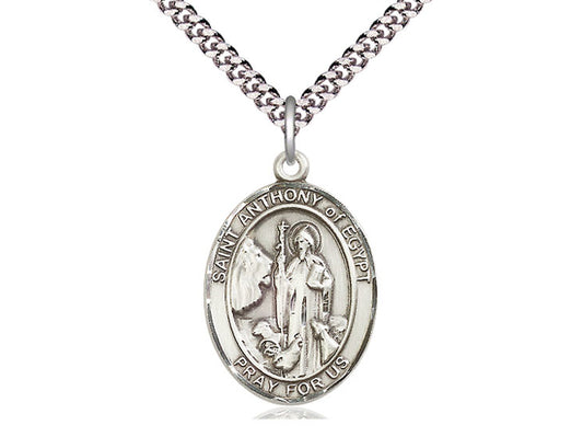 Sterling Silver St Anthony of Egypt Pendant on a 24 inch Light Rhodium Heavy Curb Chain. - Unique Catholic Gifts